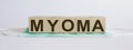 MYOMA medicine words on the wooden block.Healthcare conceptual for hospital, clinic and medical business