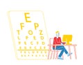 Myopia and Eyes Disease Concept. Male Character Sit at Desk Working on Computer in Office with Huge Eye Sight