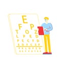 Myopia or Nearsightedness Diseases of Eye and Optical System. Sad Male Character with Tablet in Hands