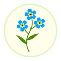 Blue forget-me-not flowers with leaves, stylized vector image