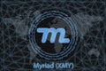 Myriad XMY Abstract Cryptocurrency. With a dark background and a world map. Graphic concept for your design