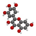 Myricetin flavonoid molecule. 3D rendering. Atoms are represented as spheres with conventional color coding: hydrogen white,