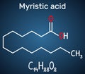 Myristic tetradecanoic acid molecule. It is saturated fatty acid. Structural chemical formula and molecule model on the dark Royalty Free Stock Photo