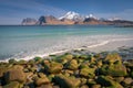 Myrland beach in Lofoten/Norway in nice weather with blue sky.