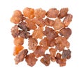 Myrrh resin isolated on white background. Pile of natural Commiphora myrrha. Sweet Myrrh Opoponax. Incense. Top view.