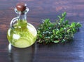 Myrtle oil in a bottle green branches of myrtle, a medicinal rem