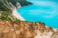 Myrtos Beach, Kefalonia, Greece. Sunny summer vacation holiday. Tourism visiting destination Royalty Free Stock Photo