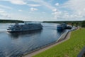 Myshkin, Russia, July 9, 2023. A large tourist ship approaches the pier.