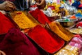 Mysore, India - 12.01.2023: Multicolor bright holi colorful powder in the market for hindus holi festival celebration.