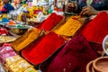 Mysore, India - 12.01.2023: Multicolor bright holi colorful powder in the market for hindus holi festival celebration.