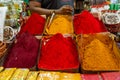 Mysore, India - 12.01.2023: Multicolor bright holi colorful powder in the market for hindus holi festival celebration.