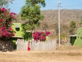 Indian woman covered with fuchsia sary walking while talking on the phone