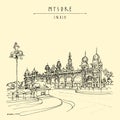 Mysore, Karnataka, India. Mysore palace. Vintage hand drawn postcard