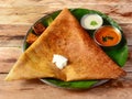 Mysore Masala dosa, a famous south Indian traditional breakfast with filling of a mixture of mashed potatoes served with different