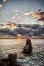 Mysteries of dawn. Sea sunrise at the Black Sea coast near Sozopol, Bulgaria. Mysteries of dawn. Sea and Rocks, seascape. Dark Royalty Free Stock Photo