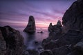 Mysteries of dawn. Sea sunrise at the Black Sea coast near Sozopol, Bulgaria. Mysteries of dawn. Sea and Rocks, seascape. Dark Royalty Free Stock Photo