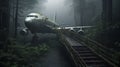 Mysterious Abandoned Airplane In Enigmatic Fog-filled Forest