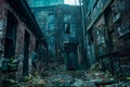 Mysterious Abandoned Alleyway with Graffiti and Overgrowth in Urban Environment