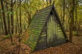 Mysterious, abandoned cabin hidden in forest Royalty Free Stock Photo