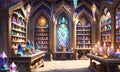 Mysterious alchemy room shimmering with magical gems. AI illustration.