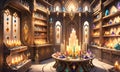 Mysterious alchemy room shimmering with magical gems. Amulets concept. Fairy tale background. Extra wide banner. AI