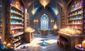 Mysterious alchemy room shimmering with magical gems. Amulets concept. Fairy tale background. Extra wide banner. AI