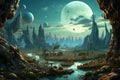 Mysterious alien fantasy landscape. Generate Ai