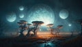 Mysterious alien fungi world with glowing mushrooms and moons in the sky. Fantasy landscape. Generative AI