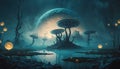 Mysterious alien landscape with giant fungi and glowing lights. Generative AI Royalty Free Stock Photo