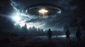 Mysterious aliens creatures standing in front of unidentified flying object ufo on the planet earth