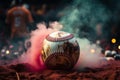 Mysterious ambiance Colorful baseball pops in a smoky, dramatic setting