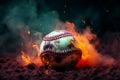 Mysterious ambiance Colorful baseball pops in a smoky, dramatic setting