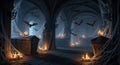 Mysterious ancient crypt illuminated by flickering candlelight with bats flying in the shadows Royalty Free Stock Photo
