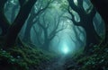 Mysterious ancient forest path illuminated by glowing light ahead. Gnarled trees covered in moss surround a trail leading through Royalty Free Stock Photo