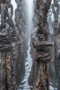 Mysterious Ancient Iron Pillar Array in Dense Fog, Surreal Atmospheric Metal Columns