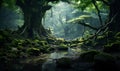 mysterious ancient rainforest with dramatic light dense forest ai generative Royalty Free Stock Photo