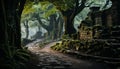 Mysterious ancient ruin, foggy forest, tranquil beauty, tropical adventure awaits generated by AI