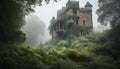 Mysterious ancient ruin on wet cliff in spooky forest landscape