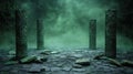 Mysterious ancient ruins in a misty forest