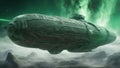 A mysterious and ancient spaceship drifts into a nebula, covered with runes and symbols.