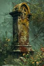 Mysterious Ancient Stone Pillar with Celtic Cross in Ethereal Forest Setting, Overgrown with Flora