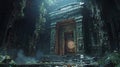 Mysterious ancient temple gate shrouded in mist and lush greenery