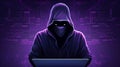 Mysterious anonymous hacker concealed by hood stands against backdrop of intricate chip patterns