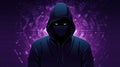 Mysterious anonymous hacker concealed by hood stands against backdrop of intricate chip patterns
