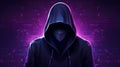 Mysterious anonymous hacker concealed by hood stands against backdrop of intricate chip patterns