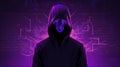 Mysterious anonymous hacker concealed by hood stands against backdrop of intricate chip patterns