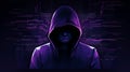 Mysterious anonymous hacker concealed by hood stands against backdrop of intricate chip patterns
