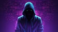 Mysterious anonymous hacker concealed by hood stands against backdrop of intricate chip patterns