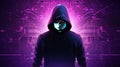 Mysterious anonymous hacker concealed by hood stands against backdrop of intricate chip patterns