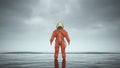 Mysterious Astronaut with Gold Visor Standing in Water with Black Sand